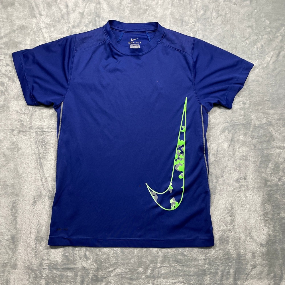 Nike‎ Dri-Fit Kids T-Shirt Royal Blue Camo Swoosh Athletic Tee Size L